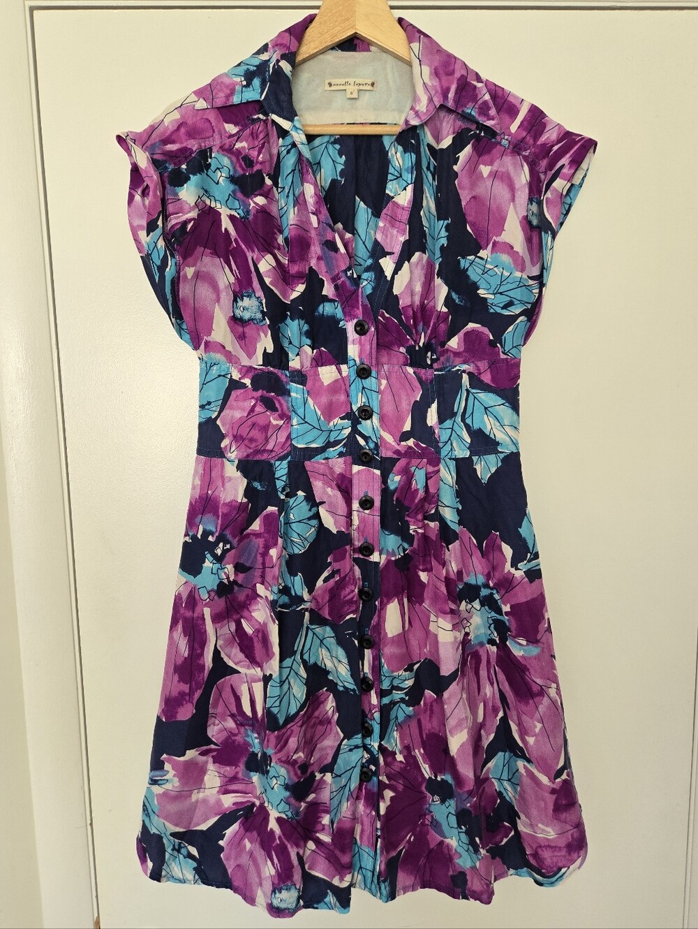 Nanette Lepore 100% Silk Shirtdress Purple And Blue Flowers Size 8